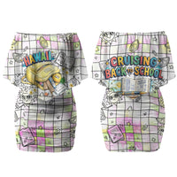 Hawaii Cruising Back To School Family Matching Off Shoulder Short Dress and Hawaiian Shirt Grid Pattern With School Bag And Vintage Surf Van TS04 Mom's Dress White Yellow - Polynesian Pride