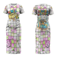 Hawaii Cruising Back To School Family Matching Short Sleeve Bodycon Dress and Hawaiian Shirt Grid Pattern With School Bag And Vintage Surf Van TS04 Mom's Dress White Yellow - Polynesian Pride