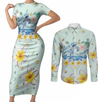 Personalized Hawaii Back To School Dolphin Couples Matching Short Sleeve Bodycon Dress and Long Sleeve Button Shirt Grid Notebook Background With Dolphin Mascot And Plumeria Flowers TS04 Green White - Polynesian Pride