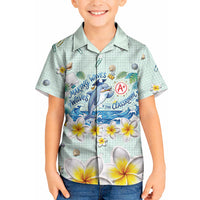 Personalized Hawaii Back To School Dolphin Kid Hawaiian Shirt Grid Notebook Background With Dolphin Mascot And Plumeria Flowers TS04 Kid Green White - Polynesian Pride