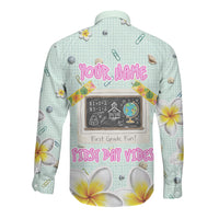 Personalized Hawaii Back To School Dolphin Long Sleeve Button Shirt Grid Notebook Background With Dolphin Mascot And Plumeria Flowers TS04 - Polynesian Pride