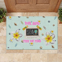 Personalized Hawaii Back To School Dolphin Rubber Doormat Grid Notebook Background With Dolphin Mascot And Plumeria Flowers TS04 Green White - Polynesian Pride