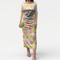 Personalized Hawaii School Club Back To Class Puletasi Retro Tropical Hibiscus Pattern With Open Notebook TS04 Long Dress White Orange - Polynesian Pride