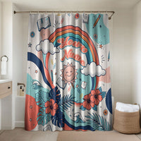 Personalized Hawaii Back To School Bathroom Set Retro Rainbow Sun with Tropical Hibiscus Flowers TS04 Shower Curtain Only White Blue - Polynesian Pride