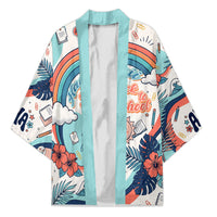 Personalized Hawaii Back To School Kimono Retro Rainbow Sun with Tropical Hibiscus Flowers TS04 Unisex White Blue - Polynesian Pride