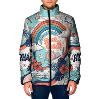 Personalized Hawaii Back To School Padded Jacket Retro Rainbow Sun with Tropical Hibiscus Flowers TS04 Men White Blue - Polynesian Pride