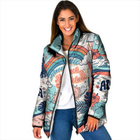 Personalized Hawaii Back To School Padded Jacket Retro Rainbow Sun with Tropical Hibiscus Flowers TS04 Women White Blue - Polynesian Pride