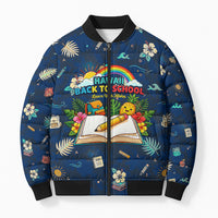 Personalized Hawaii Back To School Aloha Learning Bomber Puffer Jacket Retro Rainbow open Notebook with Pineapple and Hibiscus Flowers TS04 Unisex Blue - Polynesian Pride