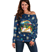 Personalized Hawaii Back To School Aloha Learning Off Shoulder Sweater Retro Rainbow open Notebook with Pineapple and Hibiscus Flowers TS04 Women Blue - Polynesian Pride