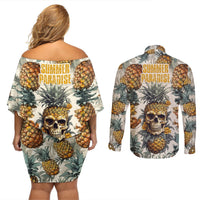 Pineapple Skull Couples Matching Off Shoulder Short Dress and Long Sleeve Button Shirts Summer Paradise TS04 Multicolor - Polynesian Pride