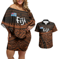 Straight Outta Kadavu Fiji Couples Matching Off Shoulder Short Dress and Hawaiian Shirt Tribal Polynesian Tattoo Coat Of Arms Flag TS04 Brown Black - Polynesian Pride