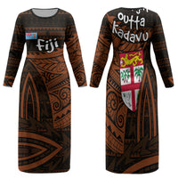 Straight Outta Kadavu Fiji Family Matching Long Sleeve Bodycon Dress and Hawaiian Shirt Tribal Polynesian Tattoo Coat Of Arms Flag TS04 Mom's Dress Brown Black - Polynesian Pride
