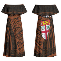 Straight Outta Kadavu Fiji Family Matching Off Shoulder Maxi Dress and Hawaiian Shirt Tribal Polynesian Tattoo Coat Of Arms Flag TS04 Mom's Dress Brown Black - Polynesian Pride