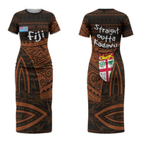 Straight Outta Kadavu Fiji Family Matching Short Sleeve Bodycon Dress and Hawaiian Shirt Tribal Polynesian Tattoo Coat Of Arms Flag TS04 Mom's Dress Brown Black - Polynesian Pride