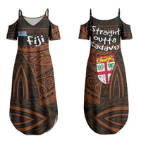 Straight Outta Kadavu Fiji Family Matching Summer Maxi Dress and Hawaiian Shirt Tribal Polynesian Tattoo Coat Of Arms Flag TS04 Mom's Dress Brown Black - Polynesian Pride