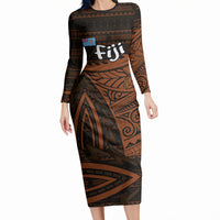 Straight Outta Kadavu Fiji Long Sleeve Bodycon Dress Tribal Polynesian Tattoo Coat Of Arms Flag TS04 Long Dress Brown Black - Polynesian Pride