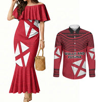 Wallis And Futuna Couples Matching Mermaid Dress and Long Sleeve Button Shirt Polynesian Tattoo Flag Map TS04 Red Black - Polynesian Pride
