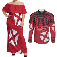 Wallis And Futuna Couples Matching Off Shoulder Maxi Dress and Long Sleeve Button Shirt Polynesian Tattoo Flag Map TS04 Red Black - Polynesian Pride