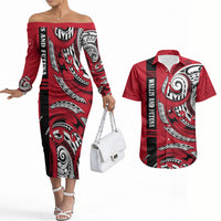 Wallis And Futuna Couples Matching Off The Shoulder Long Sleeve Dress and Hawaiian Shirt Tribal Polynesian Tattoo Flag Motif TS04 Red Black - Polynesian Pride