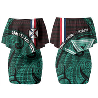 Wallis And Futuna Family Matching Off Shoulder Short Dress and Hawaiian Shirt Tribal Polynesian Tattoo Heritage Cross Flag TS04 Mom's Dress Green Black - Polynesian Pride