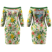 Hawaiian Piko Threads Of Paradise Aloha Family Matching Off The Shoulder Long Sleeve Dress and Hawaiian Shirt Tropical Hibiscus Plumeria TS04 Mom's Dress White Green - Polynesian Pride