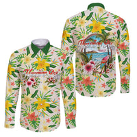 Hawaiian Piko Threads Of Paradise Aloha Family Matching Off The Shoulder Long Sleeve Dress and Hawaiian Shirt Tropical Hibiscus Plumeria TS04 Dad's Shirt - Long Sleeve White Green - Polynesian Pride