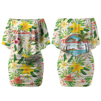 Hawaiian Piko Threads Of Paradise Aloha Family Matching Off Shoulder Short Dress and Hawaiian Shirt Tropical Hibiscus Plumeria TS04 Mom's Dress White Green - Polynesian Pride