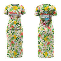Hawaiian Piko Threads Of Paradise Aloha Family Matching Short Sleeve Bodycon Dress and Hawaiian Shirt Tropical Hibiscus Plumeria TS04 Mom's Dress White Green - Polynesian Pride