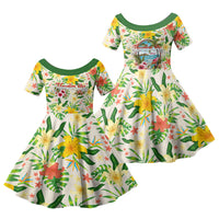 Hawaiian Piko Threads Of Paradise Aloha Family Matching Short Sleeve Bodycon Dress and Hawaiian Shirt Tropical Hibiscus Plumeria TS04 Daughter's Dress White Green - Polynesian Pride