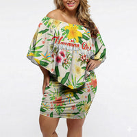 Hawaiian Piko Threads Of Paradise Aloha Off Shoulder Short Dress Tropical Hibiscus Plumeria TS04 Women White Green - Polynesian Pride