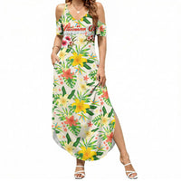Hawaiian Piko Threads Of Paradise Aloha Summer Maxi Dress Tropical Hibiscus Plumeria TS04 Women White Green - Polynesian Pride