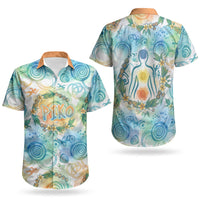 Hawaiian Piko Cultural Pride Aloha Couples Matching Off Shoulder Short Dress and Hawaiian Shirt Watercolor Spiral Art - Tropical Plumeria Lei Garland
