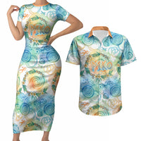 Hawaiian Piko Cultural Pride Aloha Couples Matching Short Sleeve Bodycon Dress and Hawaiian Shirt Watercolor Spiral Art - Tropical Plumeria Lei Garland TS04 White Blue - Polynesian Pride