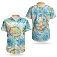 Hawaiian Piko Cultural Pride Aloha Couples Matching Short Sleeve Bodycon Dress and Hawaiian Shirt Watercolor Spiral Art - Tropical Plumeria Lei Garland TS04 - Polynesian Pride
