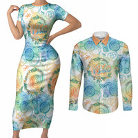 Hawaiian Piko Cultural Pride Aloha Couples Matching Short Sleeve Bodycon Dress and Long Sleeve Button Shirt Watercolor Spiral Art - Tropical Plumeria Lei Garland TS04 White Blue - Polynesian Pride