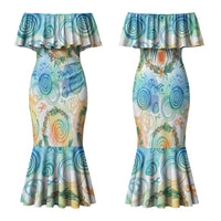 Hawaiian Piko Cultural Pride Aloha Family Matching Mermaid Dress and Hawaiian Shirt Watercolor Spiral Art - Tropical Plumeria Lei Garland TS04 Mom's Dress White Blue - Polynesian Pride