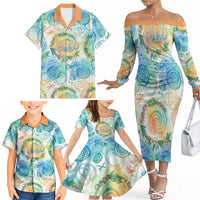 Hawaiian Piko Cultural Pride Aloha Family Matching Off The Shoulder Long Sleeve Dress and Hawaiian Shirt Watercolor Spiral Art - Tropical Plumeria Lei Garland TS04 - Polynesian Pride
