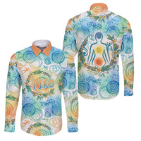 Hawaiian Piko Cultural Pride Aloha Family Matching Off The Shoulder Long Sleeve Dress and Hawaiian Shirt Watercolor Spiral Art - Tropical Plumeria Lei Garland TS04 Dad's Shirt - Long Sleeve White Blue - Polynesian Pride