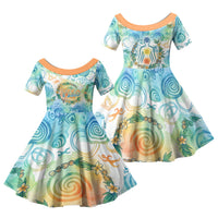Hawaiian Piko Cultural Pride Aloha Family Matching Off The Shoulder Long Sleeve Dress and Hawaiian Shirt Watercolor Spiral Art - Tropical Plumeria Lei Garland TS04 Daughter's Dress White Blue - Polynesian Pride