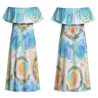 Hawaiian Piko Cultural Pride Aloha Family Matching Off Shoulder Maxi Dress and Hawaiian Shirt Watercolor Spiral Art - Tropical Plumeria Lei Garland TS04 Mom's Dress White Blue - Polynesian Pride