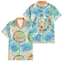 Hawaiian Piko Cultural Pride Aloha Family Matching Off Shoulder Maxi Dress and Hawaiian Shirt Watercolor Spiral Art - Tropical Plumeria Lei Garland TS04 Dad's Shirt - Short Sleeve White Blue - Polynesian Pride