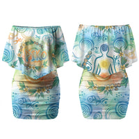 Hawaiian Piko Cultural Pride Aloha Family Matching Off Shoulder Short Dress and Hawaiian Shirt Watercolor Spiral Art - Tropical Plumeria Lei Garland TS04 Mom's Dress White Blue - Polynesian Pride