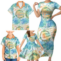 Hawaiian Piko Cultural Pride Aloha Family Matching Short Sleeve Bodycon Dress and Hawaiian Shirt Watercolor Spiral Art - Tropical Plumeria Lei Garland