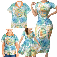 Hawaiian Piko Cultural Pride Aloha Family Matching Short Sleeve Bodycon Dress and Hawaiian Shirt Watercolor Spiral Art - Tropical Plumeria Lei Garland TS04 - Polynesian Pride