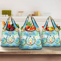 Hawaiian Piko Cultural Pride Aloha Grocery Bag Watercolor Spiral Art - Tropical Plumeria Lei Garland