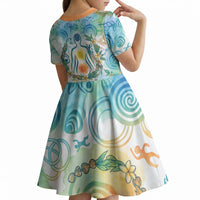 Hawaiian Piko Cultural Pride Aloha Kid Short Sleeve Dress Watercolor Spiral Art - Tropical Plumeria Lei Garland