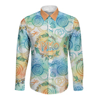Hawaiian Piko Cultural Pride Aloha Long Sleeve Button Shirt Watercolor Spiral Art - Tropical Plumeria Lei Garland TS04 Unisex White Blue - Polynesian Pride