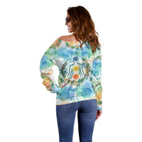 Hawaiian Piko Cultural Pride Aloha Off Shoulder Sweater Watercolor Spiral Art - Tropical Plumeria Lei Garland