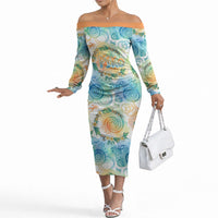 Hawaiian Piko Cultural Pride Aloha Off The Shoulder Long Sleeve Dress Watercolor Spiral Art - Tropical Plumeria Lei Garland TS04 Women White Blue - Polynesian Pride