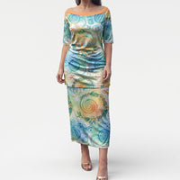 Hawaiian Piko Cultural Pride Aloha Puletasi Watercolor Spiral Art - Tropical Plumeria Lei Garland TS04 Long Dress White Blue - Polynesian Pride